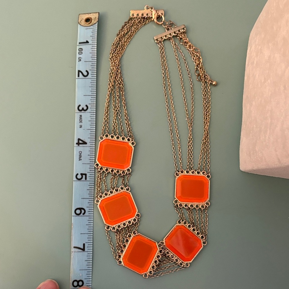 Retro Mod Orange Lucite Geometric Statement Necklace Gold Tone Multi Chain - Picture 5 of 5